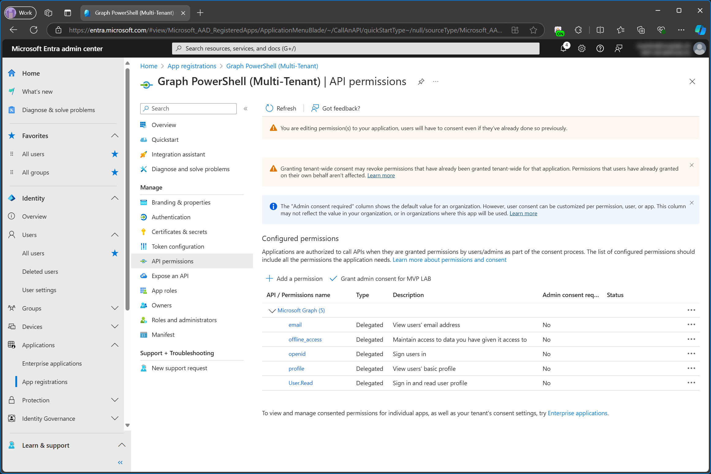 Delegated permissions of multi-tenant app registration