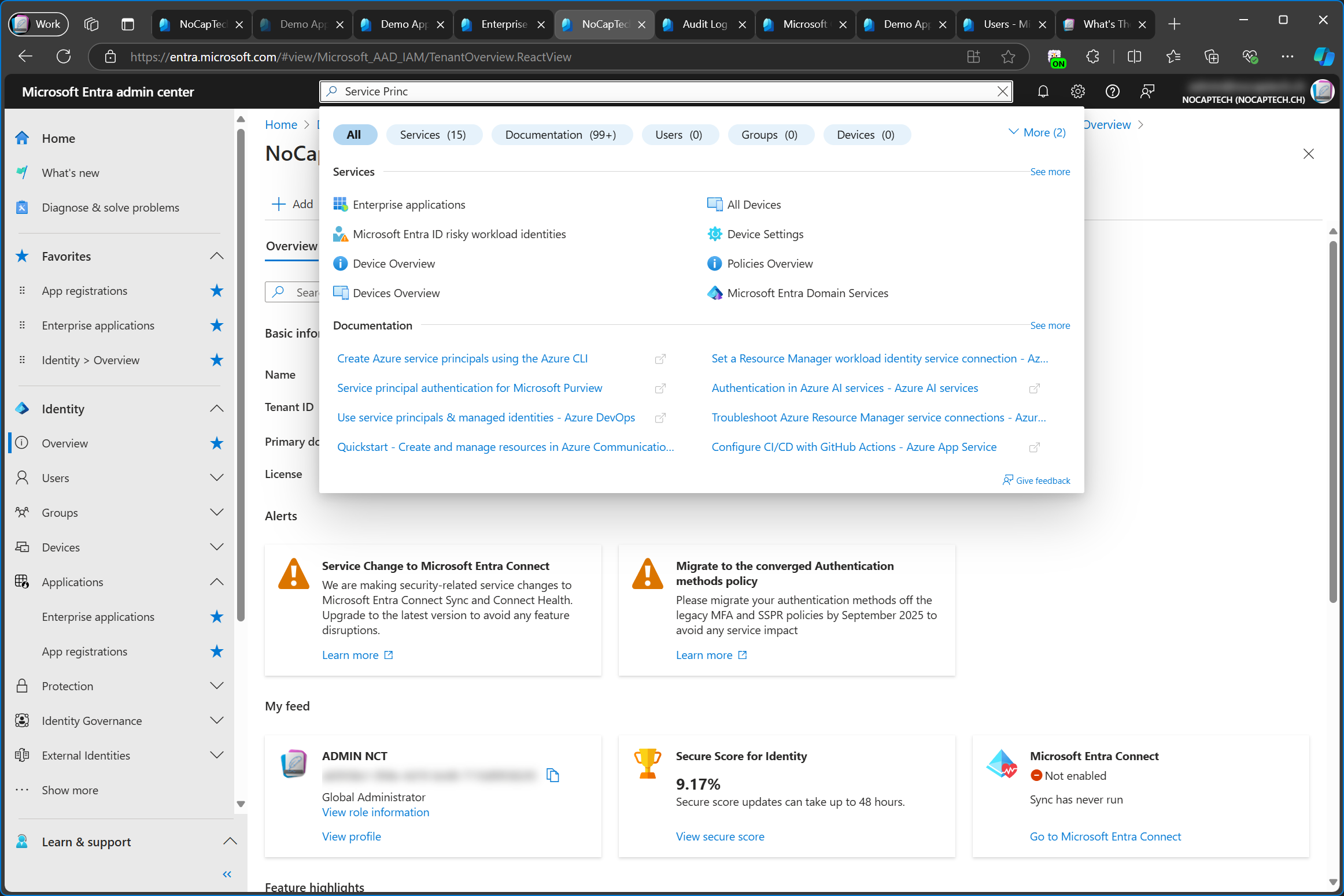 Entra Admin Center search results