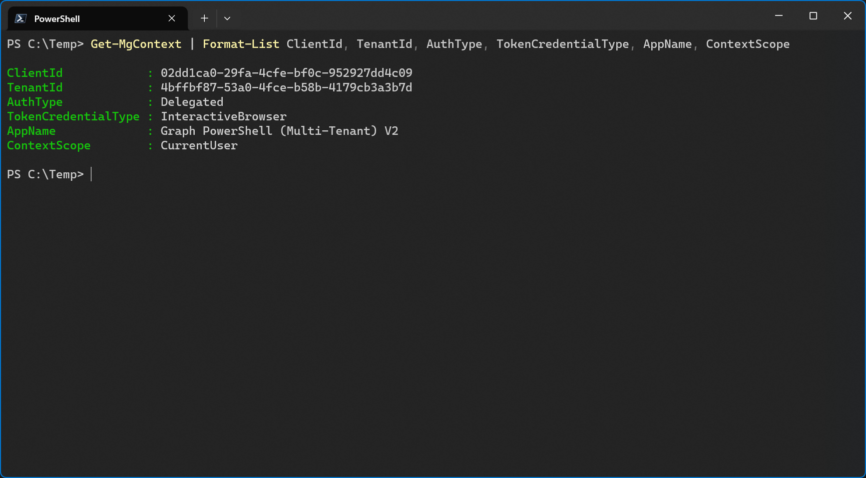 Partial output of Get-MgContext