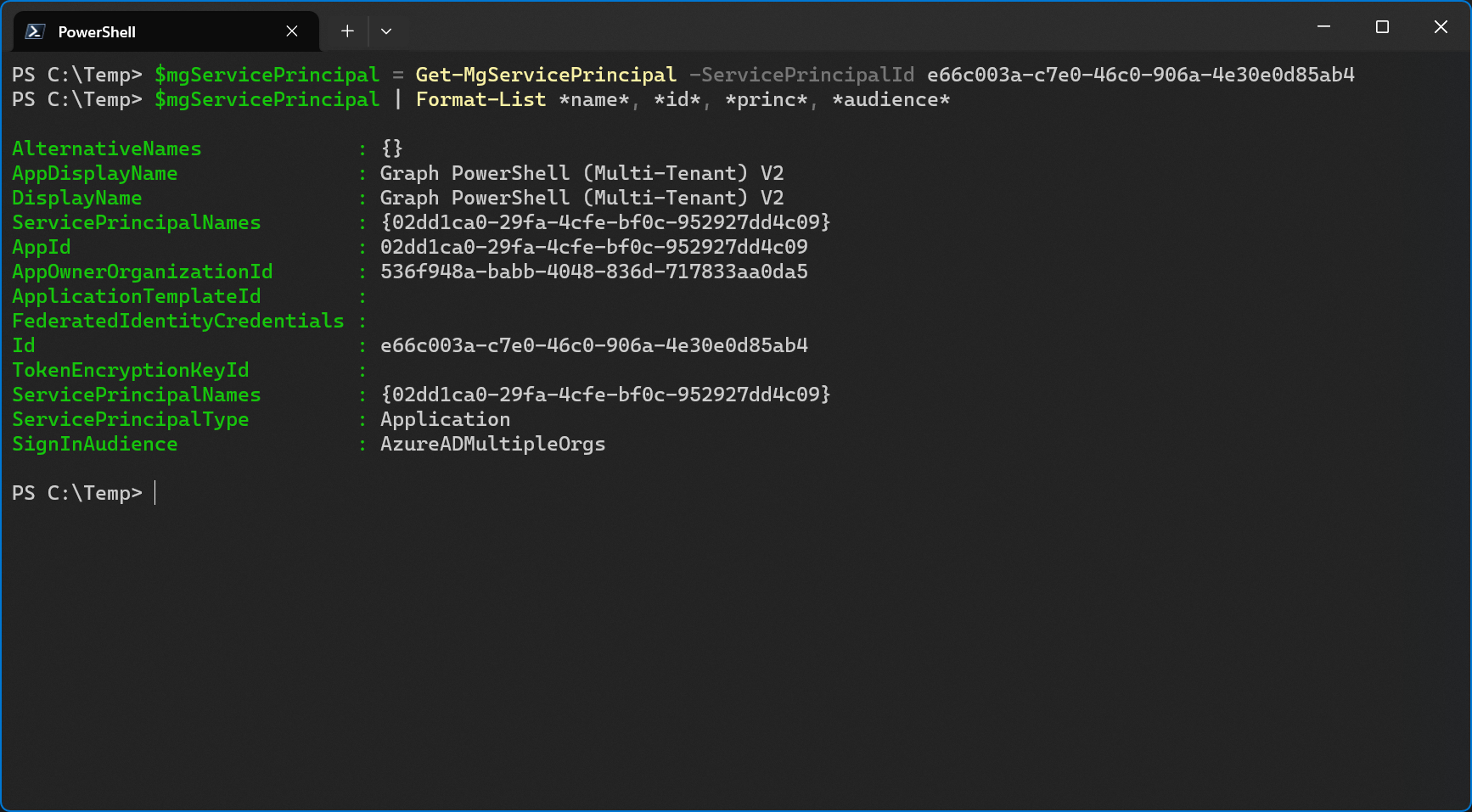 Partial output of Get-MgServicePrincipal