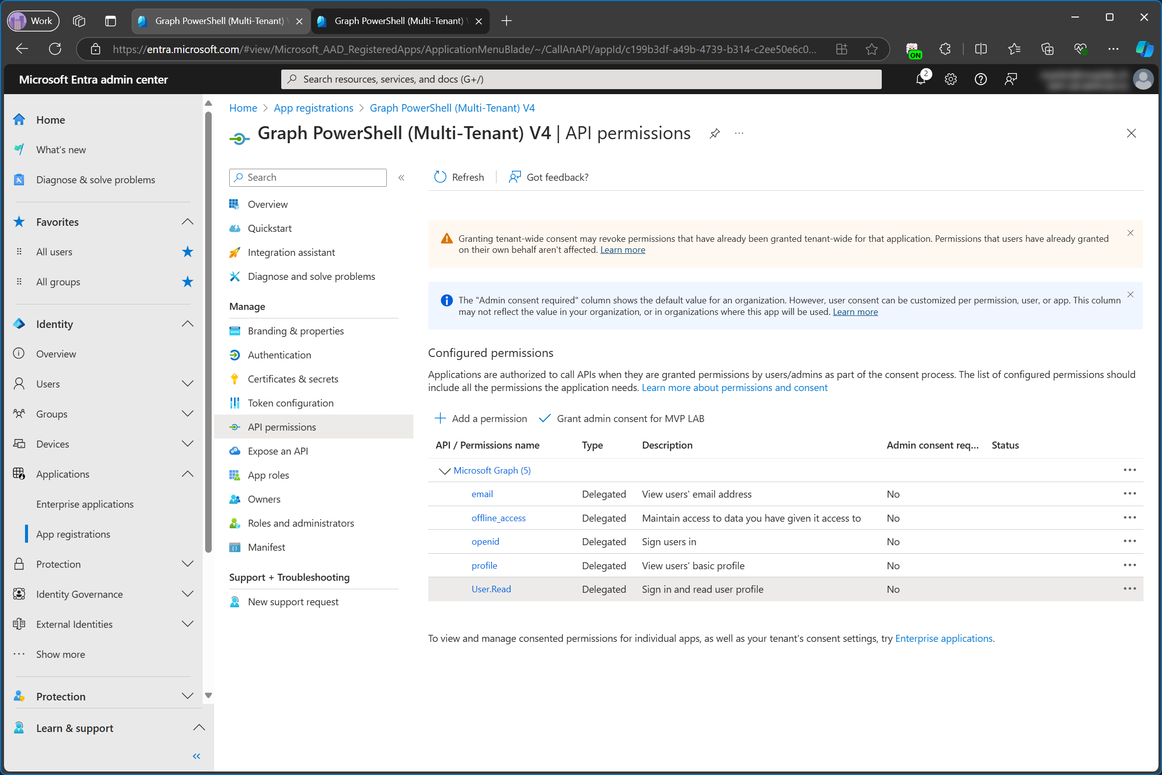 App registration permissions in service tenant