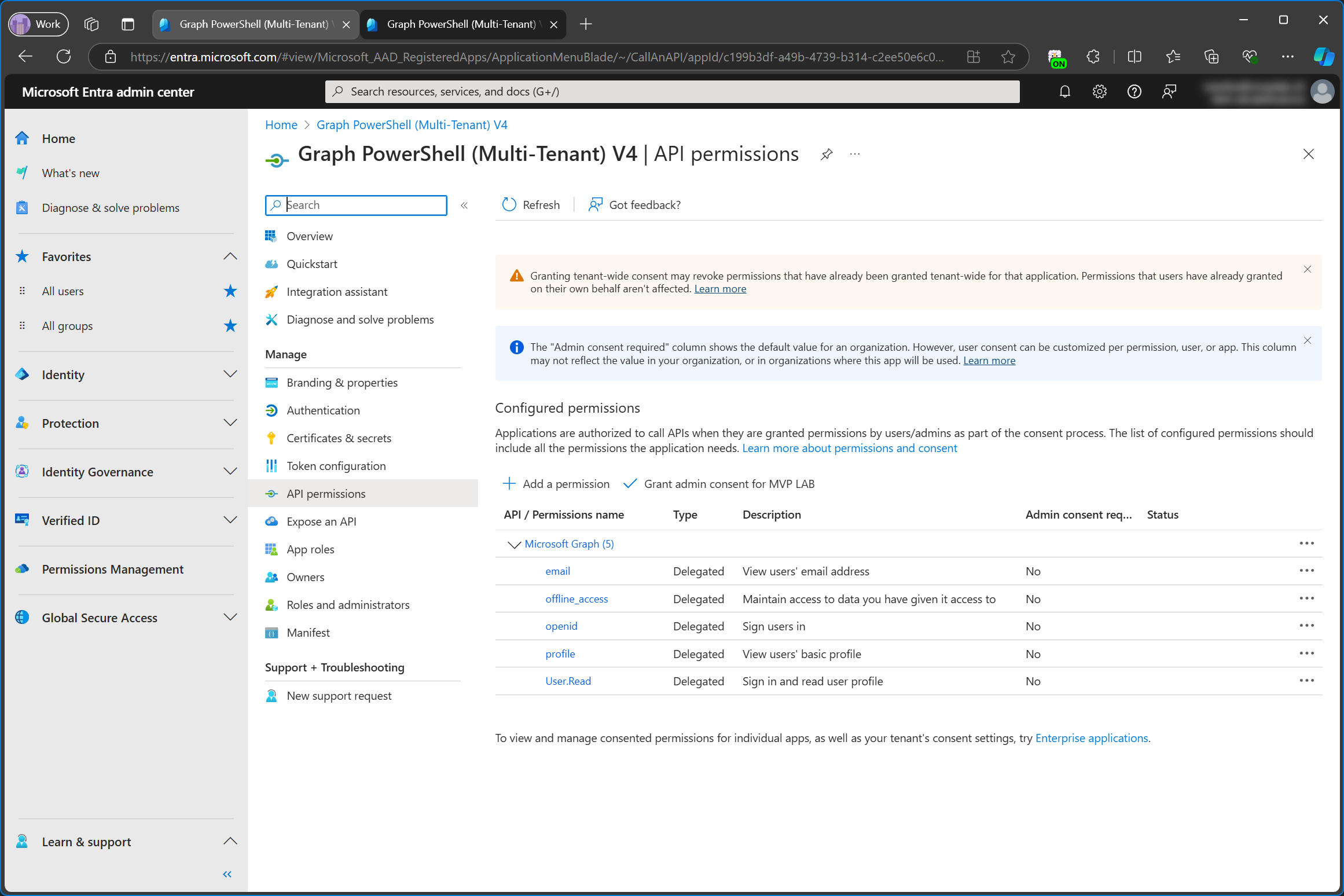 Permissions on app registration in service tenant remain unchanged