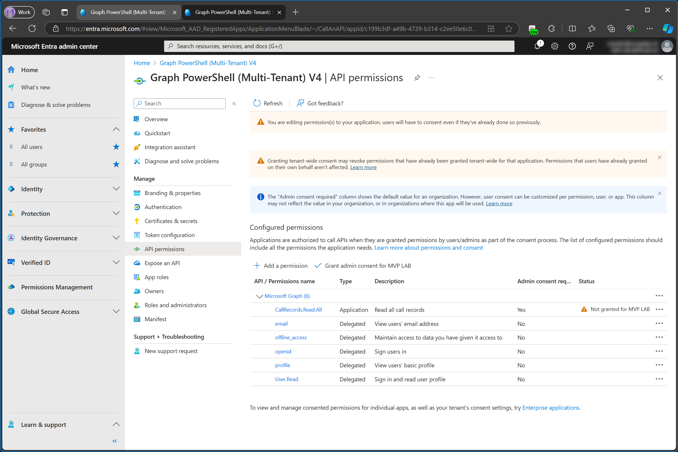 Configured permissions of app registration in service tenant