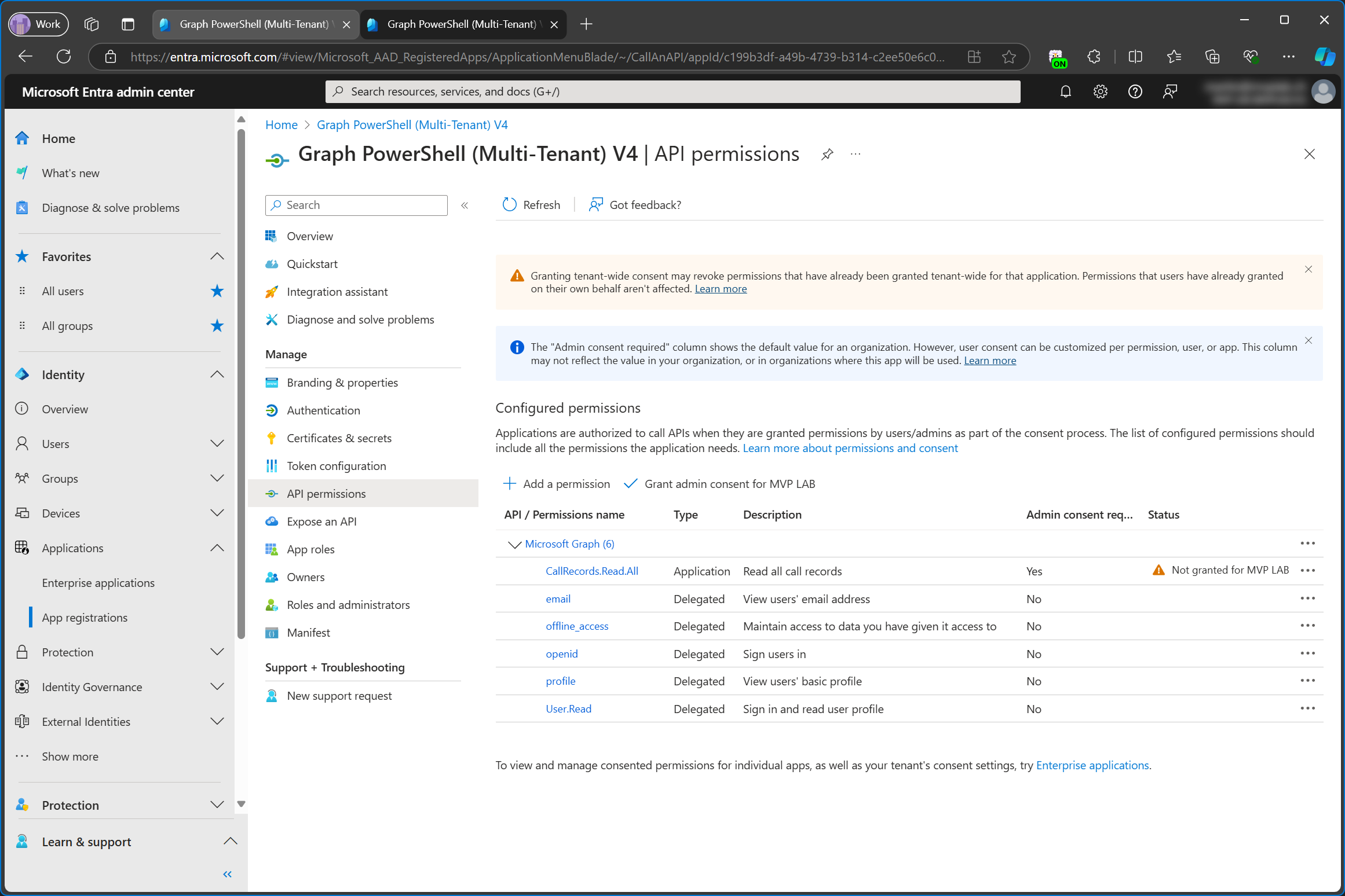 App registration permissions in service tenant