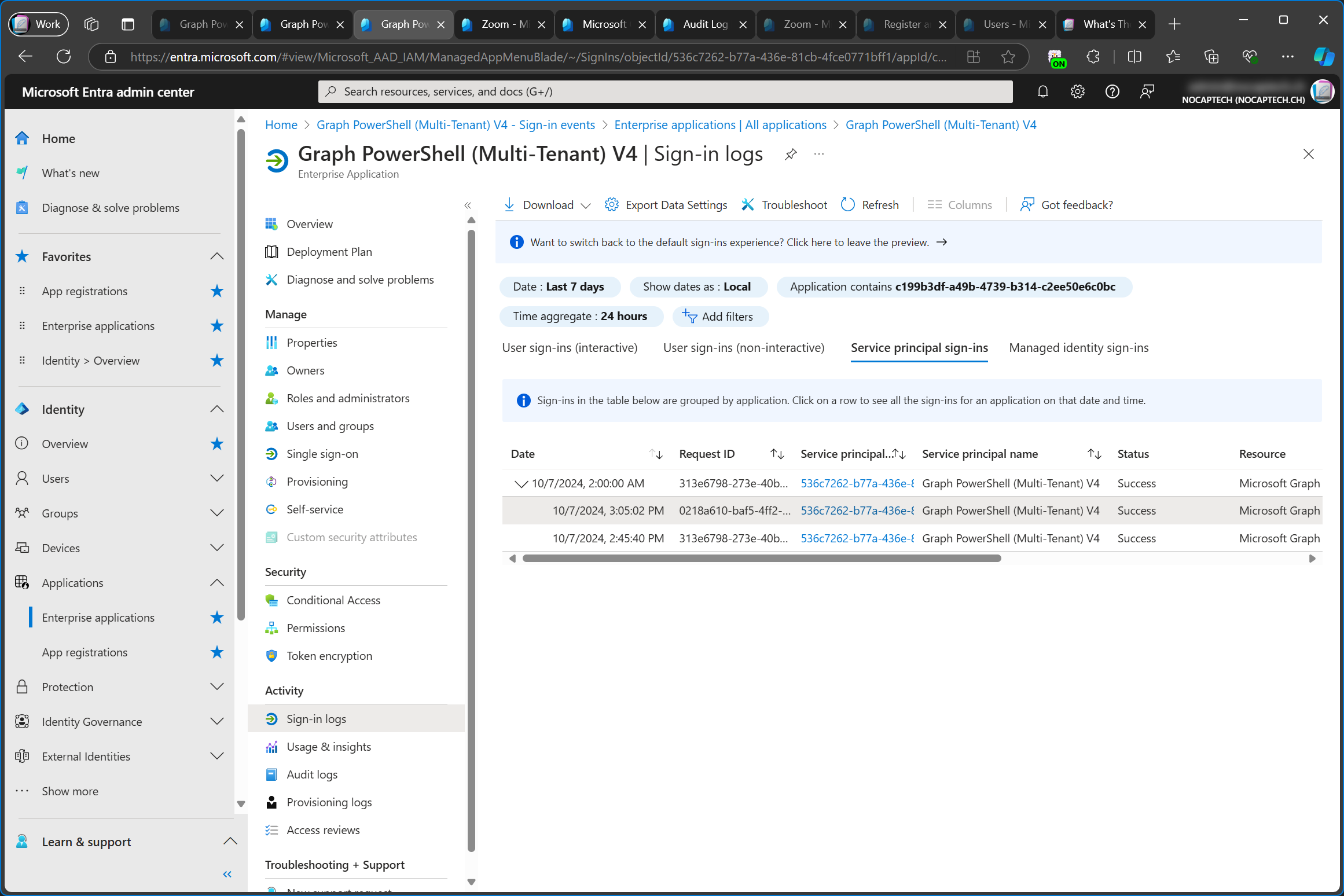 Service principal sign in logs in customer tenant