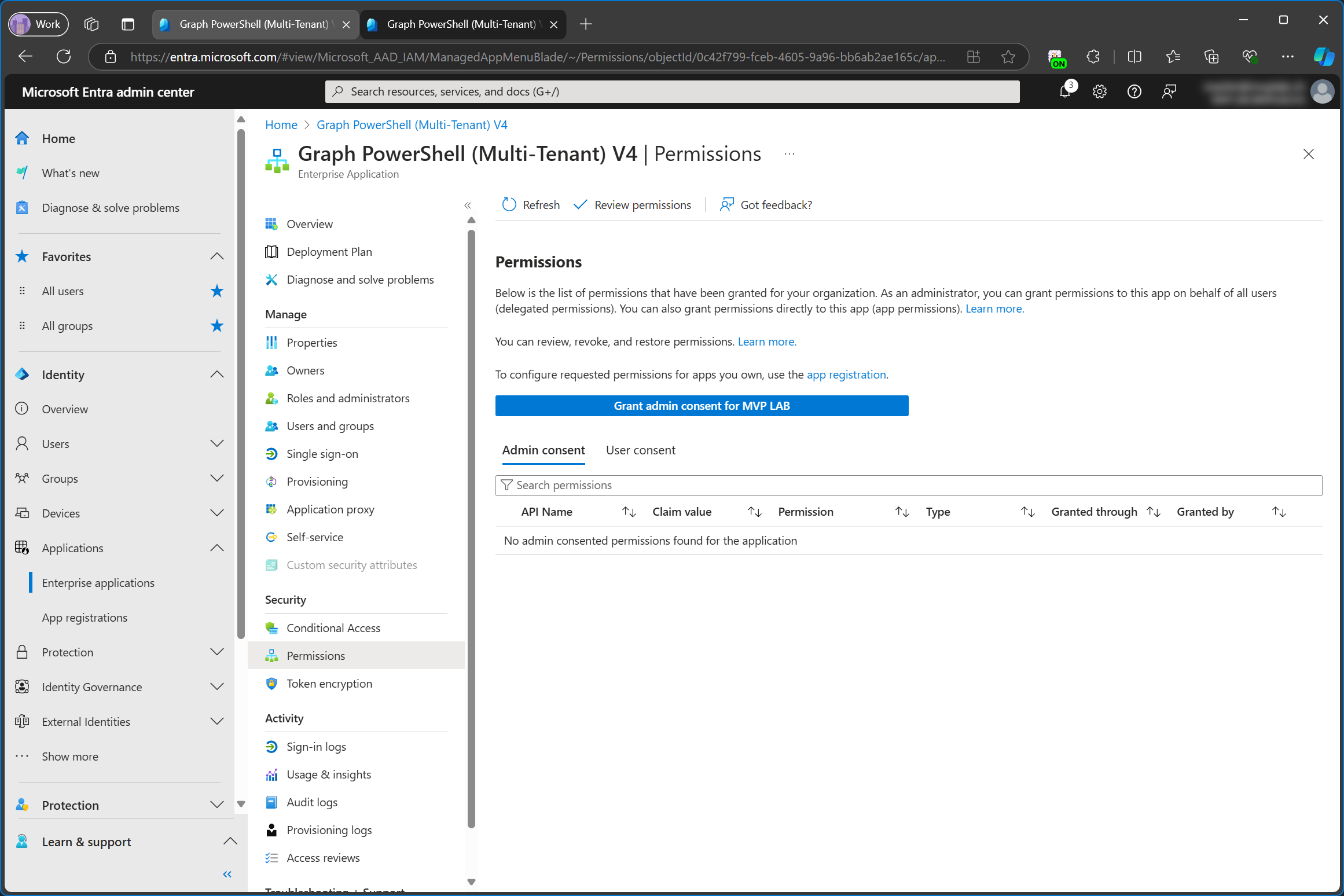 Enterprise app permissions in service tenant