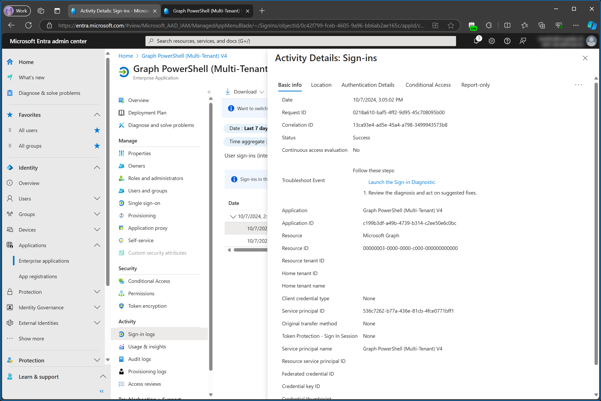 Sign-in log details from service tenant