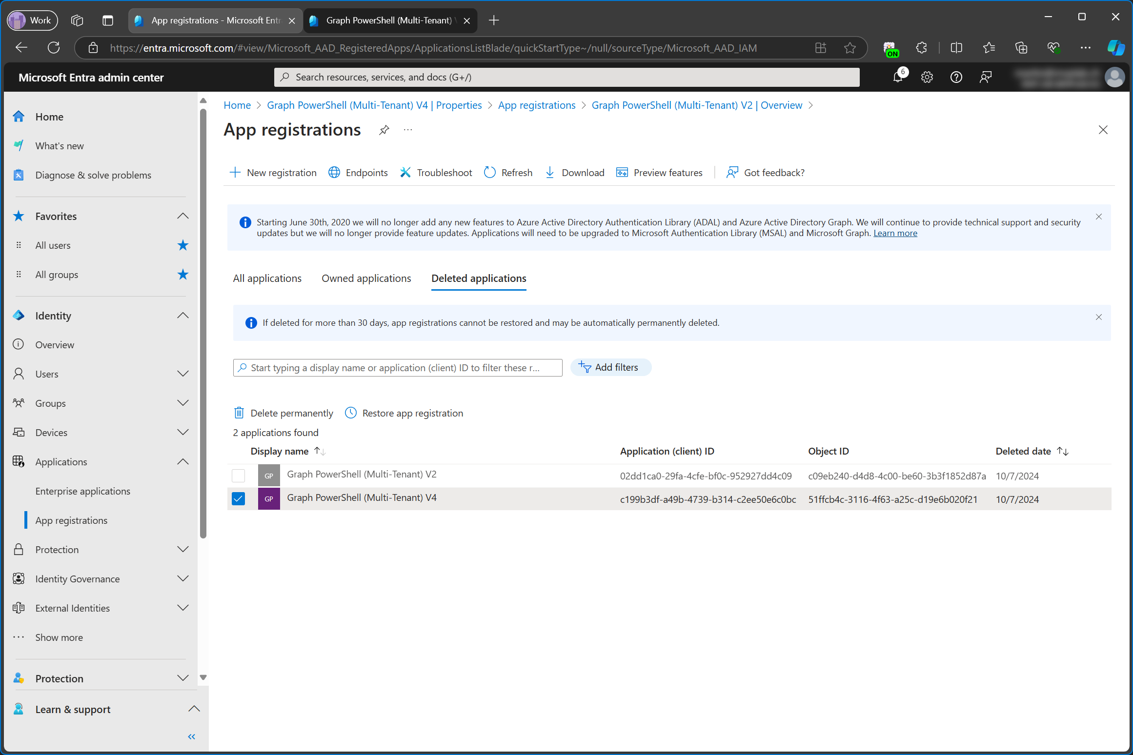 Restoring deleted app registration in service tenant