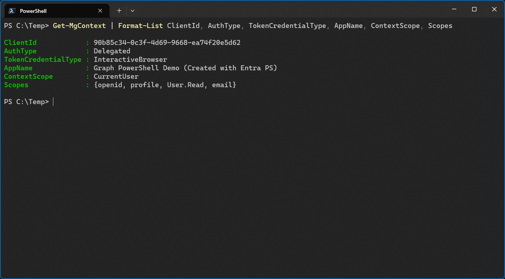Partial output of Get-MgContext